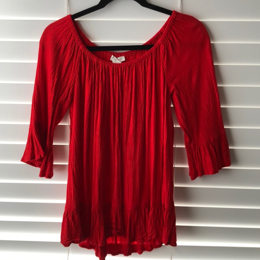 Red ruffle off the shoulder top